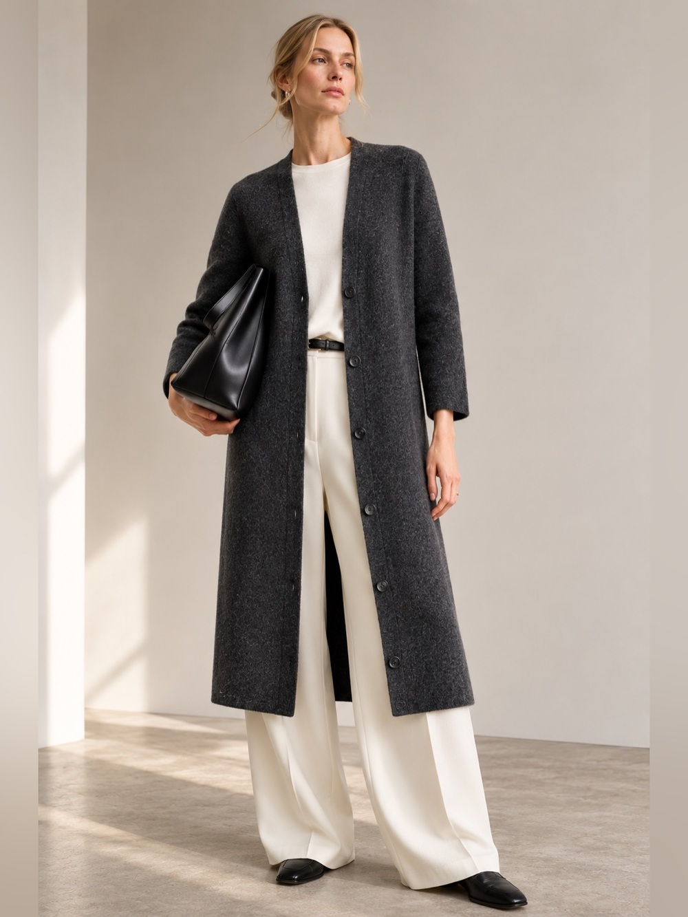 COS 100% Wool Longline Button Front Duster Cardigan Charcoal Gray XS Minimalist